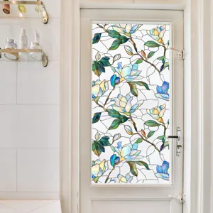 Film pour fenêtre décoratif avec motif floral en vitrail, autocollant de verre statique.