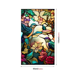 Vintage stained glass window film with hummingbird and flowers, non-adhesive PVC static sticker.