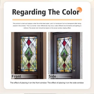Details of stained glass window film showing light transmission and color change effects.