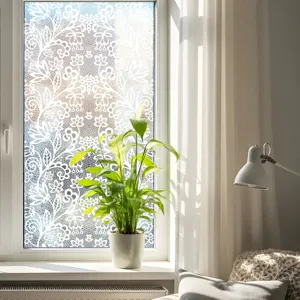 Detail view of lace window glass sticker, static cling frosted decorative film for home decor.
