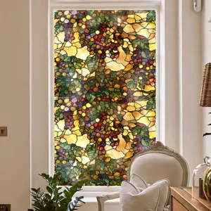 Film pour fenetre vitrail style Tiffany, beau motif grappe de raisin autocollant decoratif.