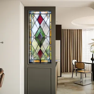 Stained glass window sticker featuring a colorful geometric diamond pattern for home decor.