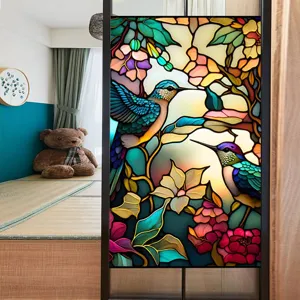 Colorful retro stained glass window film floral bird removable PVC window sticker for home decor