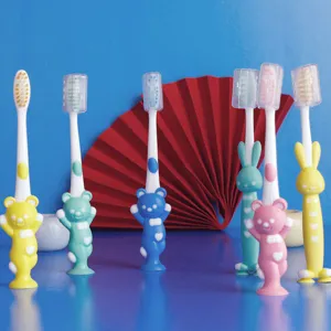 Cute cartoon children toothbrush 4-pack with bear rabbit soft bristles and suction cup base.