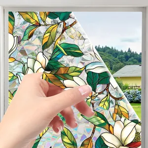 Decorative stained glass window film, static cling floral privacy sticker for home decor.