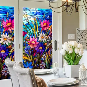 Film pour fenetre vitrail autocollant decoratif motif fleurs intimite pour porte en verre