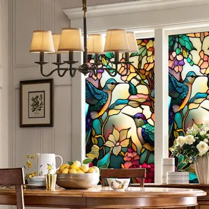 Colorful retro flower and bird PVC static window film, glue-free removable glass sticker.