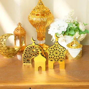 Eid Mubarak acrylic gold moon mosque tabletop decoration set for festive home decor details.