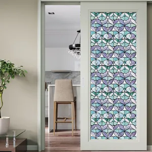 Geometric stained glass window film scene detail, decorative privacy glass sticker closeup.