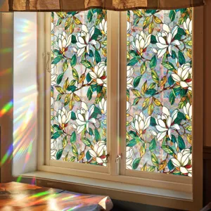 Decorative window film static cling stained glass magnolia floral design for home privacy glass.