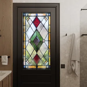 Detailed view of frosted glass window sticker with colorful geometric stained glass design.