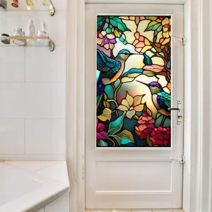 Colorful retro floral bird stained glass window film, static cling removable glass decal.