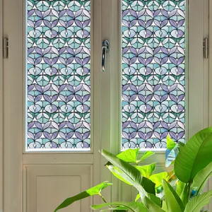 Decorative 3D stained glass window film, static cling privacy sticker with floral pattern.