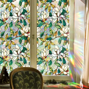 Decorative static window film with colorful magnolia flower design, removable privacy glass sticker.