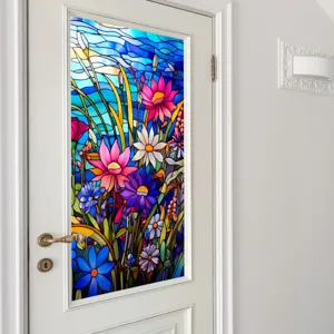Film pour fenêtre en vitrail avec motif floral coloré, statique et amovible facilement.