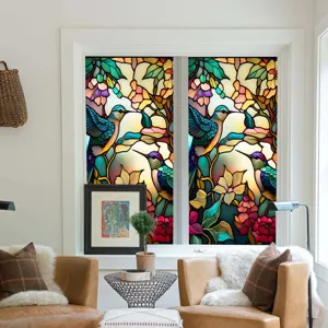 Decorative colorful vintage floral and bird stained glass window film for home privacy.