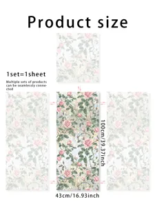 Static cling window film with colorful rose and green plant pattern, size 43x100cm, seamless.
