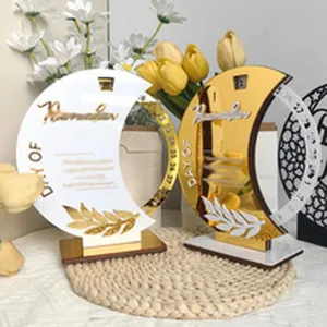Acrylic Ramadan moon table decoration set, festive desktop ornament stand for home decor.
