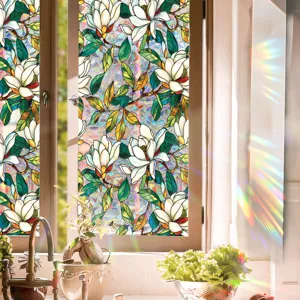 Window privacy film static cling stained glass floral magnolia design kitchen decor sticker.