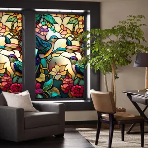 Colorful retro hummingbird stained glass window film, static cling non adhesive removable.