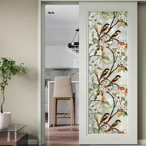 Vue détaillée du film de vitrage coloré avec motif d'oiseaux et fleurs sur une porte.