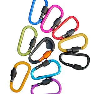 Colorful aluminum locking carabiners, heavy duty D ring clips for camping wind ropes and keys.