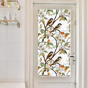 Film pour vitre en vitrail avec motif fleurs et oiseau, autocollant statique déco maison.