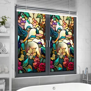 Detailed view of colorful retro flower bird window film, decorative glass sticker for home.
