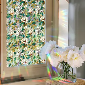 Decorative window film with magnolia flower pattern, stained glass privacy sticker for home.