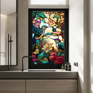 Stained glass window film featuring hummingbirds and flowers, static cling decorative privacy sticker.