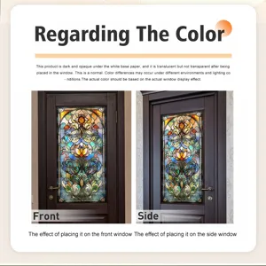 Decoratieve glas-in-lood raamfolie, doorzichtig kleurenpatroon voor thuisraamdecoratiedetails.