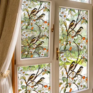 Film pour fenêtre en vitrail décoratif floral oiseaux autocollant de confidentialité.