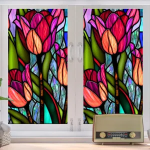 Colorful tulip stained glass static window film PVC decorative privacy glass sticker decal