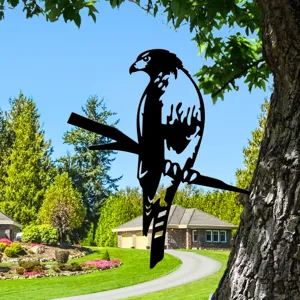 Metal hawk silhouette tree stake, garden art decor ornament, outdoor yard metal sculpture.