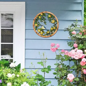 Wooden iron wall hanging decor, round lemon bird design for home garden decoration detail.