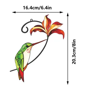 Metal hummingbird wall hanging decor, stained glass style flower art ornament for home window.