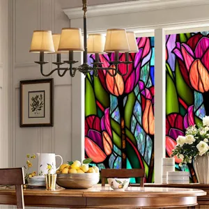 Colorful tulip static window film detail view, removable PVC glass sticker for home decor.