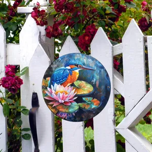 Exquisito cartel colgante de metal para jardín con diseño de martín pescador y nenúfar.