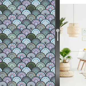 Kleurrijke retro mandala statische raamfolie, afneembare PVC privacy glassticker.