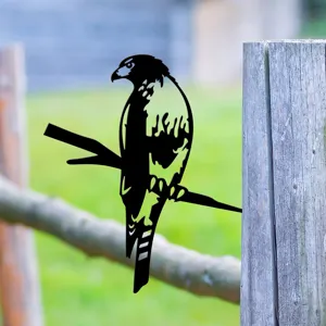 Metal hawk garden stake silhouette, black iron bird tree insert for outdoor yard decor.
