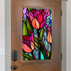 Detail view of colorful tulip stained glass window film, static cling glass sticker for home decor.