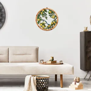 Circular wooden metal wall art hanging with lemon and bird design for home living room decor