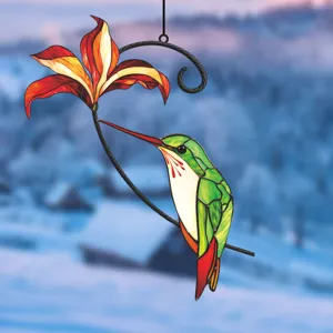 Stained glass style hummingbird and flower hanging ornament for window wall home decor detail view