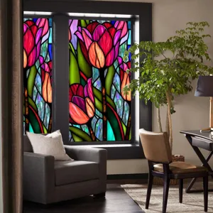 Close-up interior scene displaying colorful tulip stained glass window film on glass.