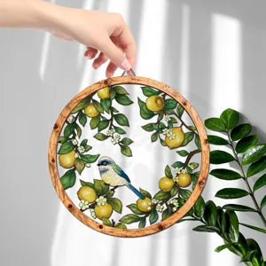 Round wooden wall hanging decor with lemon bird botanical art for home interior decoration