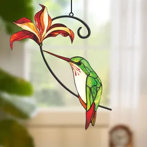 Stained glass hummingbird flower window hanging ornament, beautiful home decor suncatcher piece.