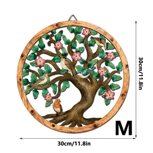 Round wooden metal wall art hanging tree of life bird decor 30cm M size home decoration