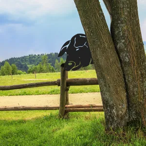 Metal pig tree peek garden stake, outdoor rustic black iron animal sculpture for yard decor.