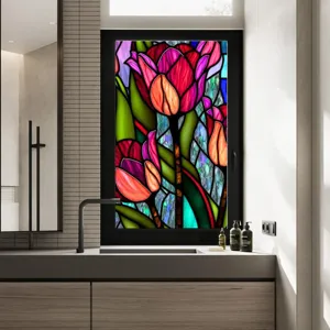 Stained glass window film, colorful tulip decorative PVC privacy sticker for home windows.