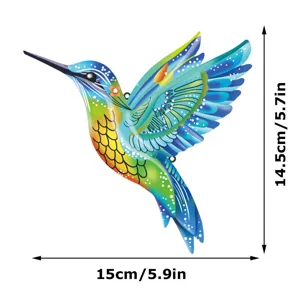 Metal hummingbird wall art detail showing vibrant colors and precise dimensions for decor.